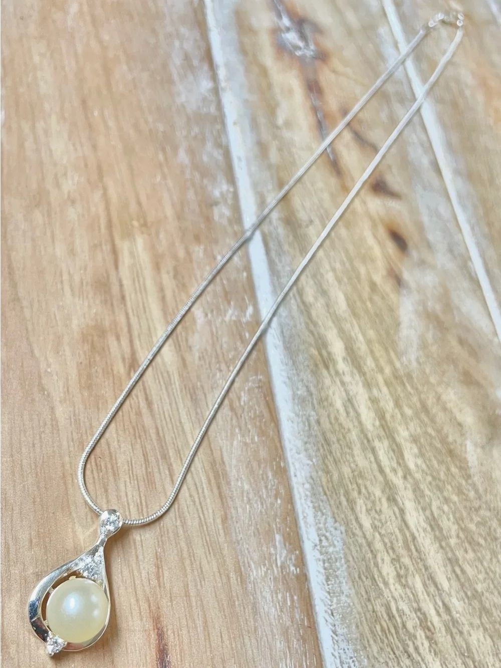 Silver Pearl Lariat Necklace with Sliding Crystal Accent
